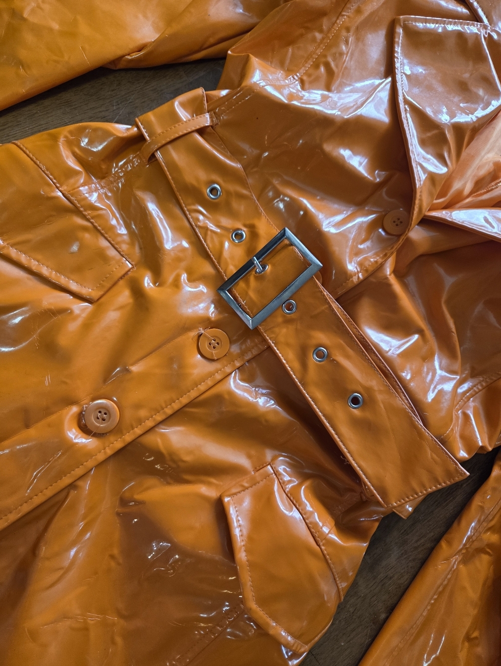 Vintage Wonder Girl Medium Orange Vinyl Rain Coat - Belted  - Picture 4 of 9
